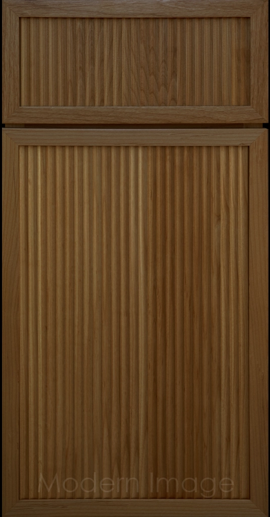 Modern kitchen featuring Arcadia Cove Perfect Brown color stained cabinets with narrow frames and fluted center panels